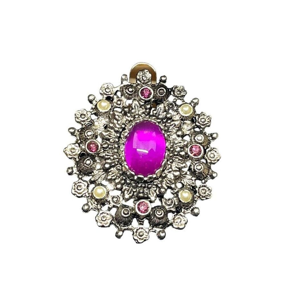 Sarah Coventry Statement Brooch Pin Pendant In Box Aged Silver Tone Purple Retro